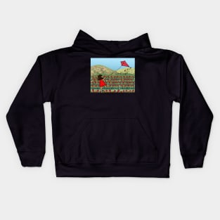 Young Girl Flying Kite Tulip Field Spring Season. Kids Hoodie